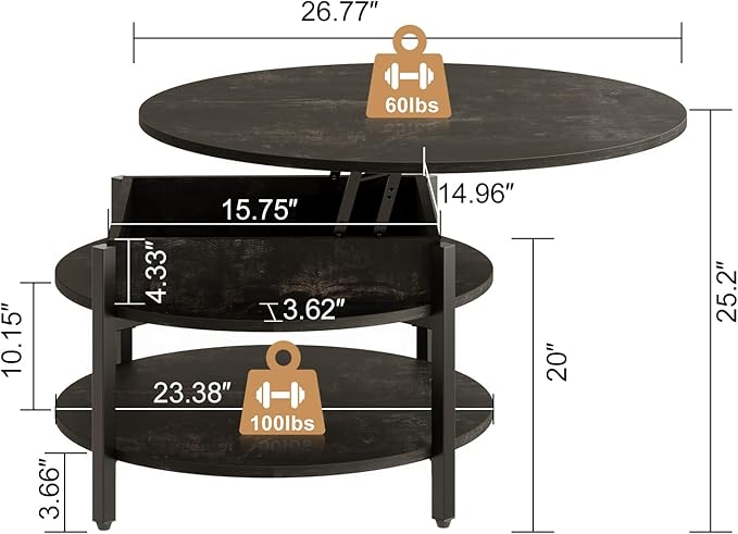 FABATO Round Lift Top Coffee Table with Storage and Hidden Compartment, 26.77'' Farmhouse Coffee Table for Living Room Reception Room, 2 Tier Small Round Coffee Table Circle Dining Table, Black Oak