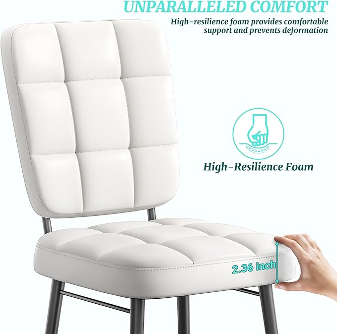Leather Dining Chairs Set of 2, Upholstered Dining Room Kitchen Chairs with Thick Cushion, High Backrest, Metal Legs, Mid Century Modern Side Chair for Home Living Room Cafe Restaurant, White