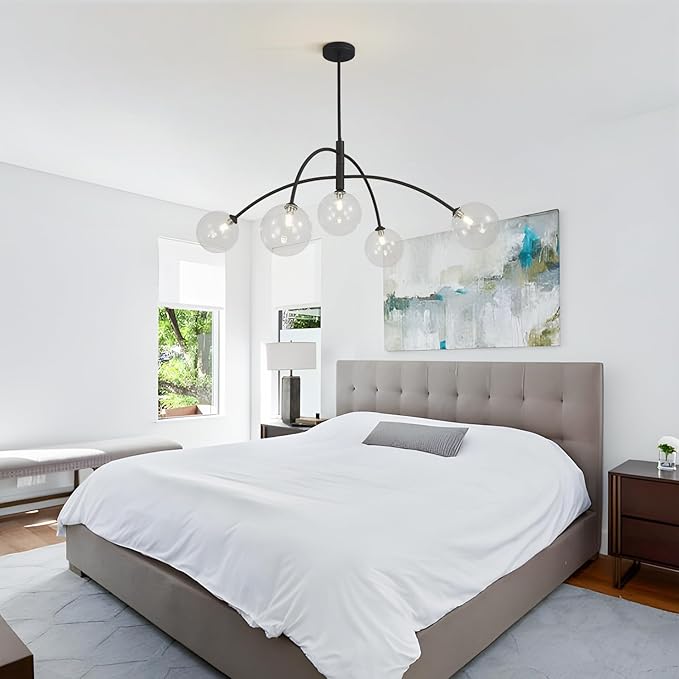 Mid Century Modern Sputnik Chandelier Adjustable 5 Light Pendant Light Fixture Clear Glass Black Ceiling Chandelier for Dining Room Kitchen Bedroom