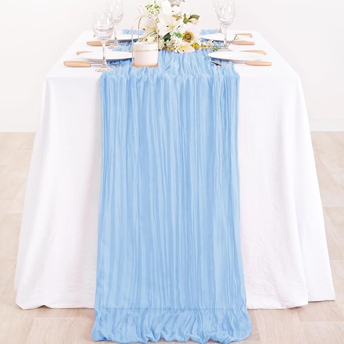 MLMC Light Blue Table Runner Baby Blue Cheesecloth Table Runner 10ft Baby Shower Decorations Rustic Gauze Fall Cheese Cloth Centerpiece 35x120 Inches for Gender Reveal Birthday Party Wedding Decor