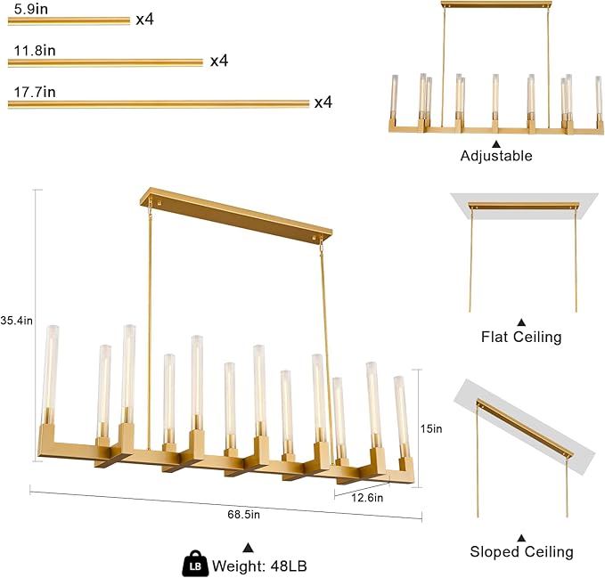68-Inch 12-Light Gold Modern Chandelier with Knurled Glass Tube Shades, Rectangular Luxury Ceiling Pendant Light Fixture for Dining Room, Living Room, or Foyer.