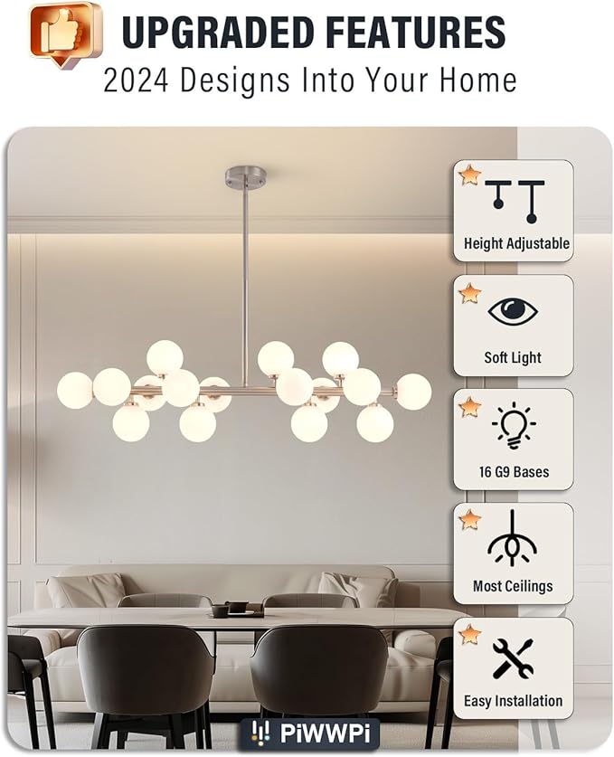 Glass Globe Sputnik Chandelier, 16-Light Mid Century Modern Light Fixture Over Table, Linear Chandeliers for Dining Room, Kitchen Island, Nickel and Milk White Bubble, 40 Inch, GC-02