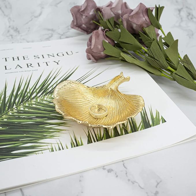 Metal Jewelry Dish, Small Leaf Shaped Ring Holder Jewelry Organizer, Trinket Dish Vanity Tray for Dresser Christmas Birthday Wedding Gifts Ginkgo-Gold