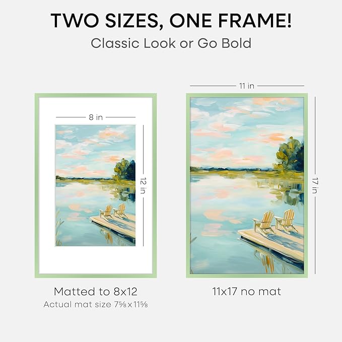 Homeforia 11x17 Picture Frame Sage Green, High End Metal 11x17 Poster Frames with Mat 8x12 Photo, 11 x 17 Sage Green Frame Matted to 8 by 12 Art, 17x11 Thin Frames, Tempered Glass, Wall Kit, Set of 1