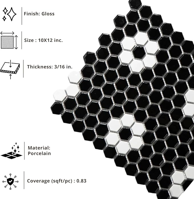 Tenedos Hexagon Glossy Black and White Flower Porcelain Mosaic Tile – Kitchen Backsplash, Bathroom Wall & Shower Floor Tile (5 Sheets)