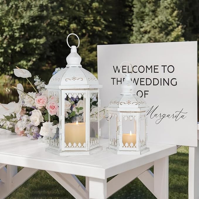 Lanterns Decorative Outdoor&Indoor, Set of 2 (15"&11") White Metal Lantern Decor with Glass, Candle Holder for Porch, Patio, Garden, Balcony, Wedding, Table Centerpiece