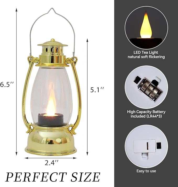 Mini Lanterns 6 Pcs LED Small Indoor Golden Decorative Outdoor Hanging Candle Lanterns Farmhouse Weddings Birthday Halloween Christmas Decorations