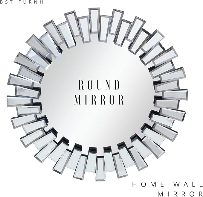 BST FURNH Round Mirror Wall Decor 24 Inches Decorative Wall Mirror with Irregular Framed and Beveled Edge Mirrors for Wall Silver Large Wall Mirror Frameless Mirrors