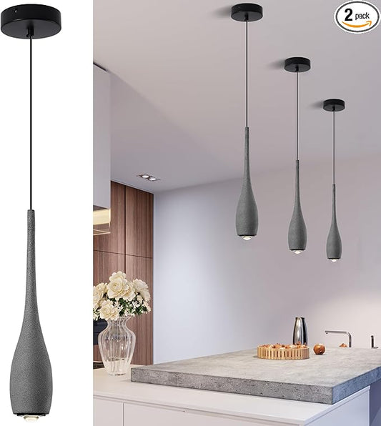 Black Pendant Light for Kitchen Island, LED Lens Concrete Pendant Light fixtures, Small Modern Industrial Hanging Pendant Light for Over Sink, Bar, Dining Room, Bedside(2-Pack)