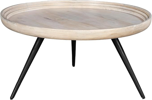 The Urban Port Urban Chic Coffee Table 30 Inch Round Tray Top, Handcrafted Mango Wood, Washed White and Black