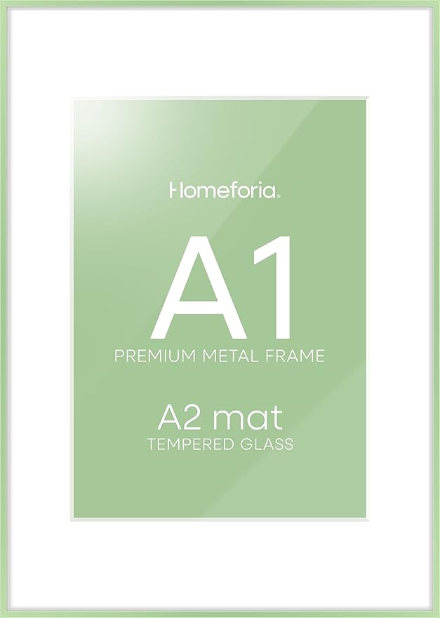 Homeforia A1 Poster Frame Sage Green, High End Metal A1 Large Picture Frames with Mat A2 Photo, 23.4 x 33.1 Frames Matted to 16.5 x 23.4 Print, 23.4x33.1 Thin Frame, Tempered Glass, Wall Kit, Set of 1