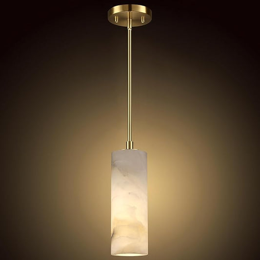 1 Light Modern Industrial Farmhouse Hanging Kitchen Island Pendant Ceiling Light Fixture,Cylinder Natural Alabaster Marble Brushed Bronze Finish Over Sink Restaurant bar Corridor