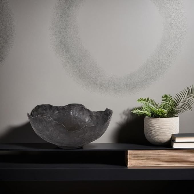 Howard Elliott Aged Bronze Broken Edge Decorative Bowl for Table Centerpiece, Matte Gray Aluminum Bowl with Sculpted Edges, Modern Accent Decor for Home & Living Room, 15.5 x 15.75 x 7 Inch, Large