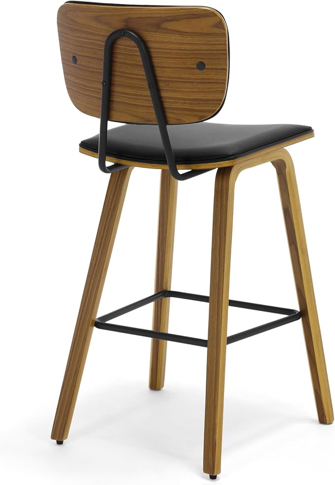 Counter Height Bar Stools, PU Leather Upholstered Barstools with Backs, Bent Wood Legs, 26 Inch Seat Height, Mid Century Modern Counter Stools for Kitchen Island, Black