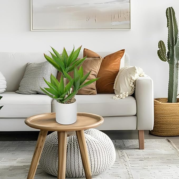 Hollyone Large Artificial Agave Plants Fake Three-Head Agave Succulents Plant Potted 17" Faux Plant in White Pot Succulent Aloe Vera Plants Indoor for Desk Modern Home Decor