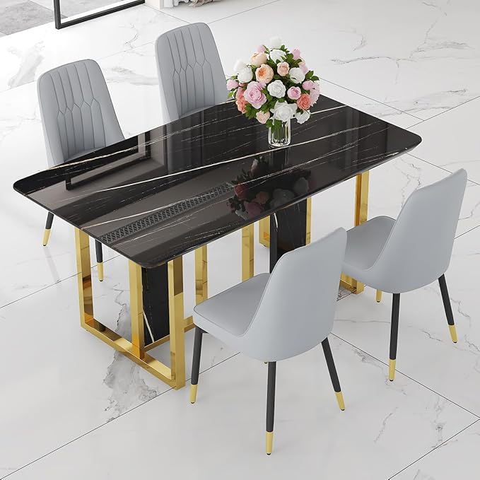 TesNus 63" Black Dining Table Set for 4 with Chairs,Modern Faux Marble Rectangular Kitchen Table and Chairs Set Luxury 5 Piece Dining Room Set with Gold Metal Legs,Easy Assemble,Stable Base