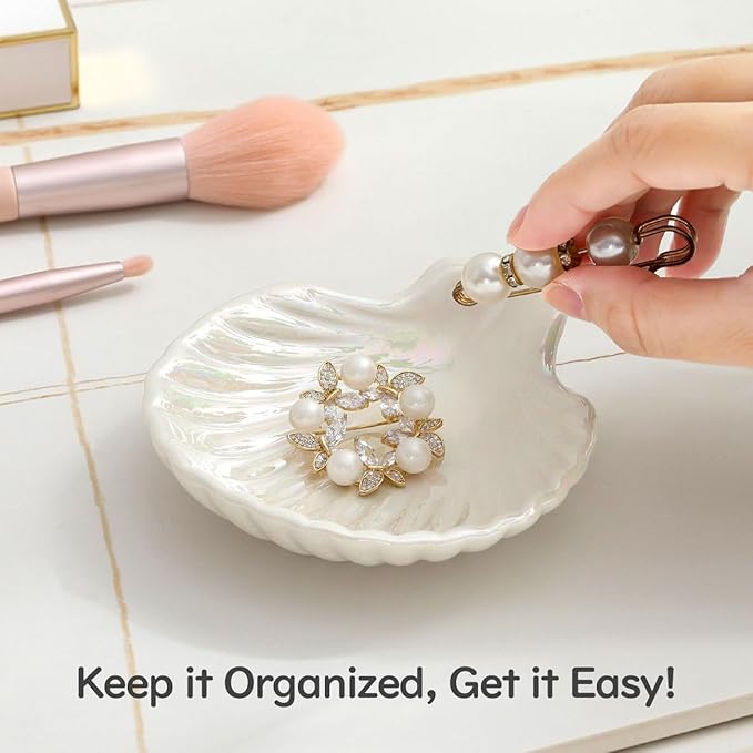 Ring Dish, Shell Ceramic Jewelry Dish Tray, Small Decorative Trinket Dish for Rings Earrings Necklaces Keys, Cute Room Decor Tray, 3.9", White