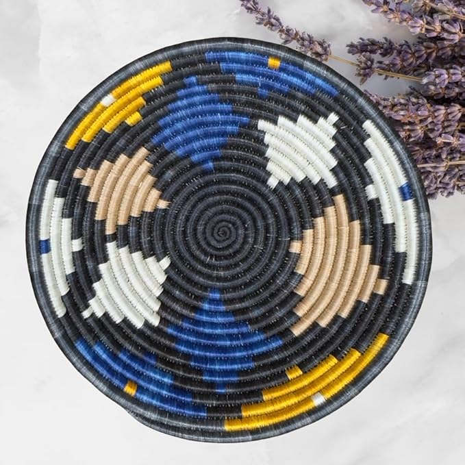 Handwoven African Basket Handmade sisal Fruit Bowl Wall Hanging decorative Baskets for Home Living Room Kitchen Centerpiece Zen Designs Arts and Crafts (Charcoal Grey Blue Tan, 8in diameter)