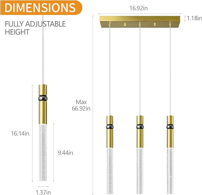 3 Light Pendant Lighting Dining Room Light Fixture Dimmable LED Modern Gold Pendant Light with Bubble Crystal Pendant Lights Kitchen Island