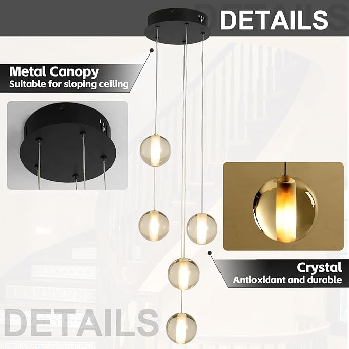 Modern Black 5 Lights Crystal LED Chandelier Raindrop High Ceiling Cluster Pendant Light Crystal Ball Hanging Lighting for Living Room Staircase Entryway Foyer Dining Room, H118" including Bulbs