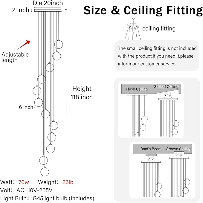 H118 Large Chandeliers for High Ceilings,12-Lights Mid Century Globe Chandelier Silver Modern Globe Pendant Light for Entryway Villas and Stairs