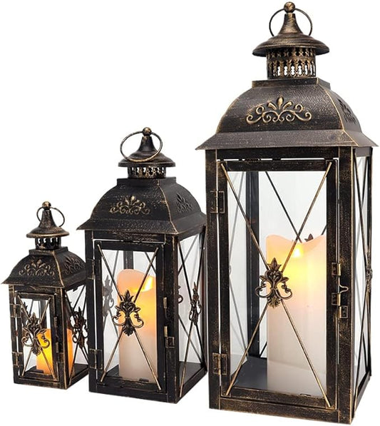 TRIROCKS Set of 3 Decorative Hanging Lantern 19'' High Vintage Metal Candle Holder with Tempered Glass Perfect for Living Room Garden Yard Patio Parties Events Indoors Outdoors (Black)