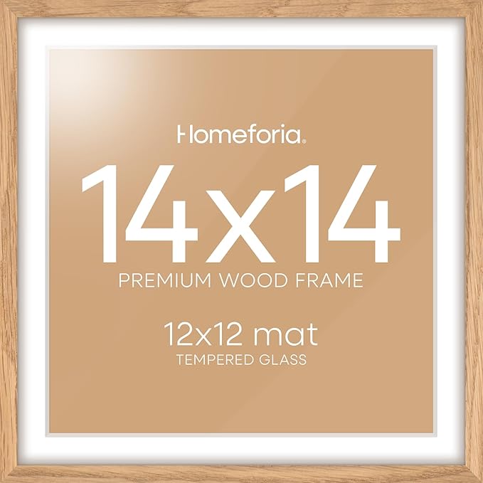 Homeforia Wood Square Frame 14x14, High End Natural Oak 14 x 14 Light Wooden Picture Frames with Mat 12 by 12 inch Photo, 14by14 Poster Frames Matted to 12x12 Print, Tempered Glass, Wall Kit, Set of 1