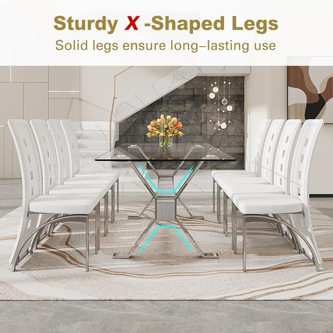 71'' Glass Dining Table Set for 8,9 Piece Dining Table Set with Tempered Glass Tabletop and Open‑Frame X‑Shaped Metal Base,Kitchen Table and Chairs Ideal for Dining Room&Home Office