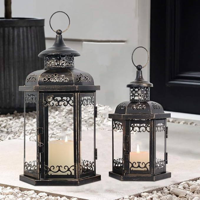 DECORKEY Large Lantern Decorative Outdoor & Indoor, Set of 2 (15’’&11’’) Metal Candle Lanterns Decor, Vintage Hanging Candle Holder for Front Porch Patio Wedding Farmhouse Home, Spring Decoration