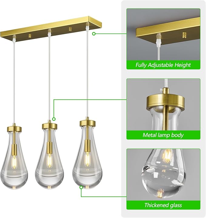 Raindrop Pendant Lights Kitchen Island Teardrop Gold Hanging Light Fixtures Clear Solid Glass Pendant Light Modern Chandeliers for Dining Room Porch Corridor Living Room(Long Plate-3 Lights)