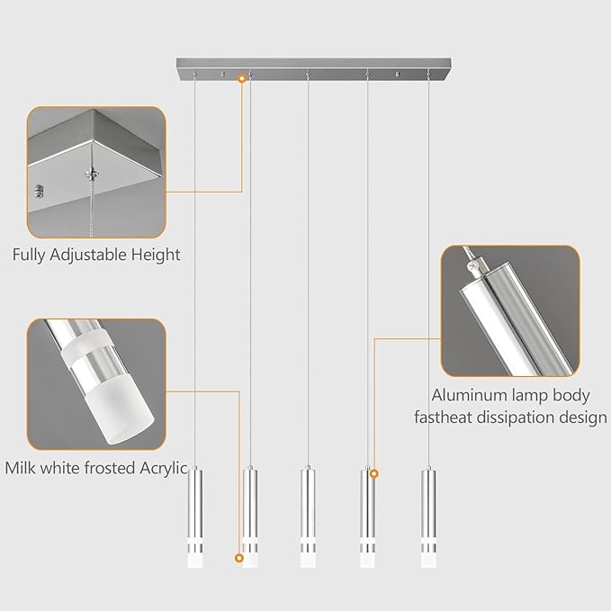 5-Light Dining Room Modern Pendant Light Kitchen Fixture Dimmable LED Chrome Mini Pendant Lighting fo Kitchen Island Study Pendant Lights