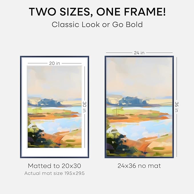 Homeforia 24x36 Navy Blue Picture Frame, High End Metal 24x36 Large Poster Frames with Mat 20x30 inch Photo, 24 x 36 Thin Frame Matted to 20 x 30 Print, 36x24 Frame, Tempered Glass, Wall Kit, Set of 1