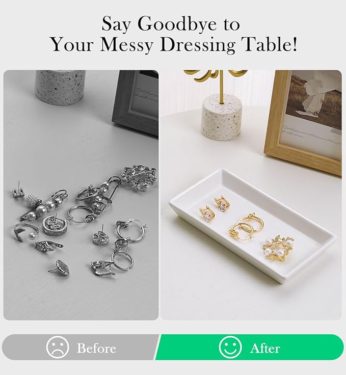 Jewelry Tray, Small Rectangle Ceramic Vanity Tray Jewelry Dish, Trinket Perfume Tray for Cosmetics, Rings, Bathroom Kitchen Soap, White