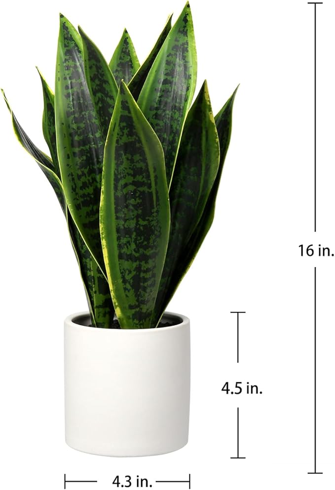Briful Fake Snake Plant 16" Faux Potted Plant Artificial Snake Plant with White Ceramic Pot Sansevieria Plant Perfect for House Modern Living Room Office Housewarming Gift Indoor Decor