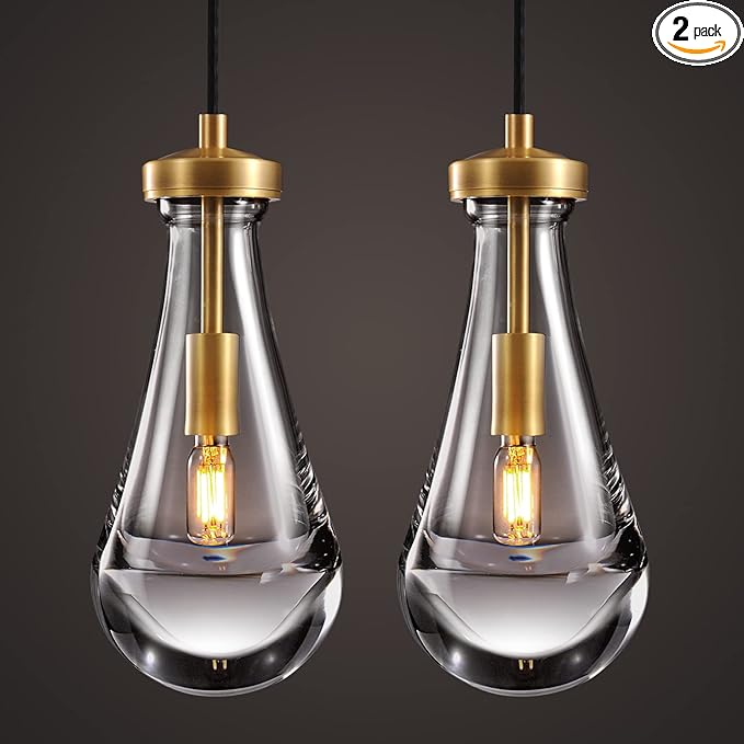 Raindrop Pendant Lights Set of 2, Brass Pendant Lights Kitchen Island, Gold Island Light for Kitchen Dining Room Light Fixture, Chandelier for Living Room Bedroom Bathroom, Bulb Included