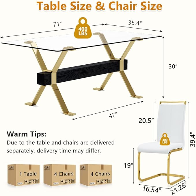 9 Piece Glass Dining Table Set, Kitchen Table Chairs Set for 8, 71'' Dining Table with 0.4" Tempered Glass Tabletop with Plated Metal Legs and MDF Crossbar, 8 PU Chairs for Dining Room, Kitchen.