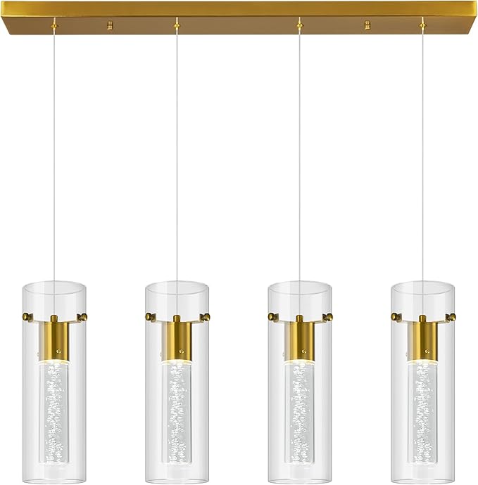 Pendant Ceiling Light Fixture for Kitchen Island, Gold Pendant Light Integrated LED Hanging Light with Crystal Bubble Glass Pendant Light Modern Pendant Lights Kitchen Island (4-Light)