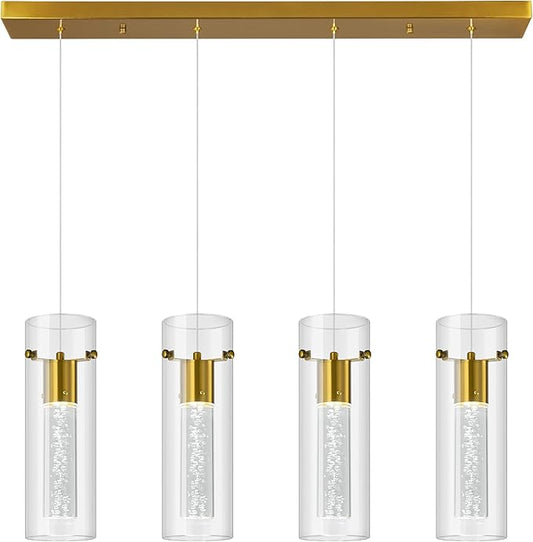 Pendant Ceiling Light Fixture for Kitchen Island, Gold Pendant Light Integrated LED Hanging Light with Crystal Bubble Glass Pendant Light Modern Pendant Lights Kitchen Island (4-Light)