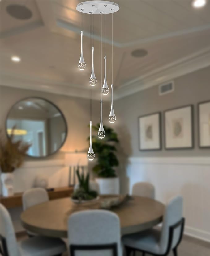 H86 Pendant Lights Kitchen Island 6-Lights Pendant Chandelier for Dining Room Hallway Stairwell,Silver Chandelier Suit for Sloping Ceiling LED Dimmable 2700K-6000K