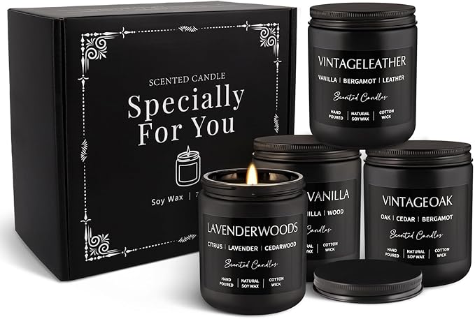 Scented Candles Gift Set - 4 Pack (7oz Each) Soy Wax Aromatherapy Candles with Essential Oils, Smokeless - Leather & Smoke, Vanilla Oakmoss, Lavender - Relaxing Fragrance for Home, Office, Yoga