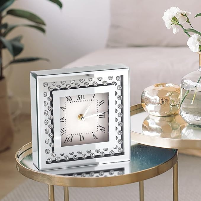 Silent Desk Clocks 8x8x2 Inch Crystal Sparkle Twinkle Bling Square Mirrored Table Top Decorative Clock With Diamond for Home Decoration Silver Mirror Home Decor. AA Battery is not included.
