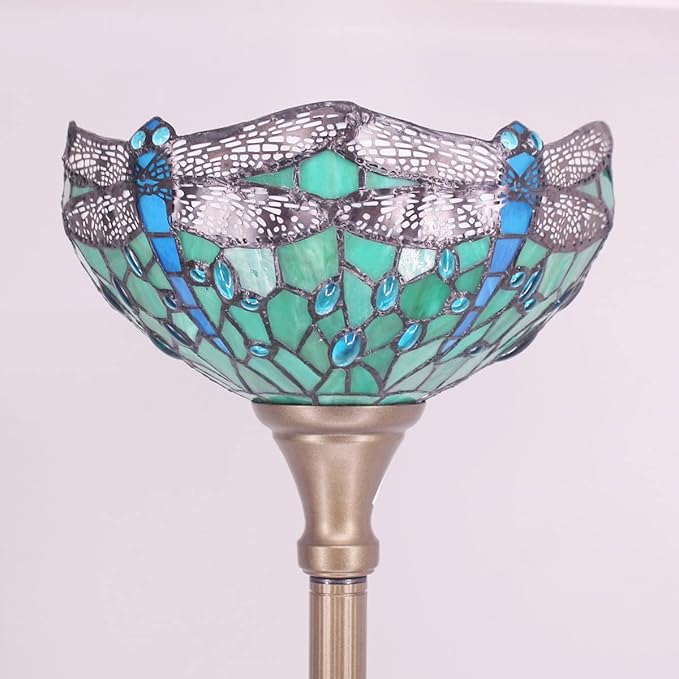 Tiffany Floor Lamp Torchiere Stained Glass Torch Lamp 12X12X67 Inch Antique Standing Corner Light (Green Dragonfly)