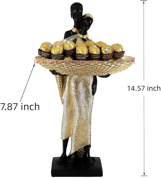 African Couple Resin Tray Sculpture – Black and Gold Decorative Bowl Statue for Entryway, Vanity, Coffee Table, Key Candy Jewelry Holder, Ethnic Art Home Decor Gift