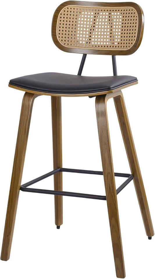 Counter Height Bar Stools, Mid Century Modern Rattan Counter Stools, 26" Wood Kitchen Stool PU Leather Upholstered Barstool with Cane Back, Counter Height Island Dining Bar Chair, Black