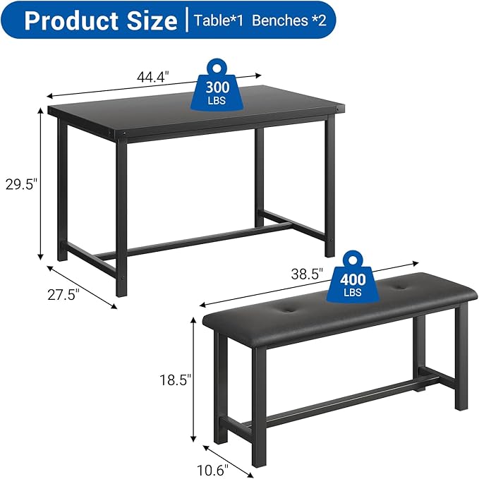 GarveeHome Dining Table Set for 4, Kitchen Table with 2 Upholstered Benches, Wood Kitchen Dining Room Set, for Small Space, Apartment, Home, Dinner, Retro Black