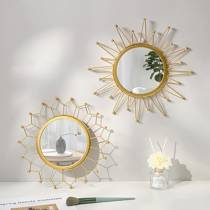 Gold Mirrors for Wall - Metal Sunburst Wall Mirror Room Decor & Home Decor, Boho Mirror Wall Decor Gifts for Women & Moms (Medium, Flower)