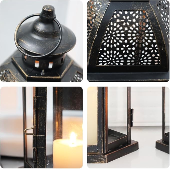 DECORKEY Large Lantern Decorative Outdoor & Indoor, Set of 2 (15’’&11’’) Metal Candle Lanterns Decor, Vintage Hanging Candle Holder for Front Porch Patio Wedding Farmhouse Home, Spring Decoration