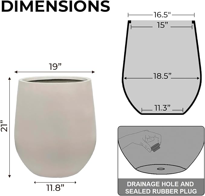 21" H x 19" D Corso Fiberstone Round Tapered Planter with Drainage Hole, Smooth Finishes, for Indoor and Outdoor Use, Included 2 Extra Coco Mats (Taupe, 15" Pot Opening)