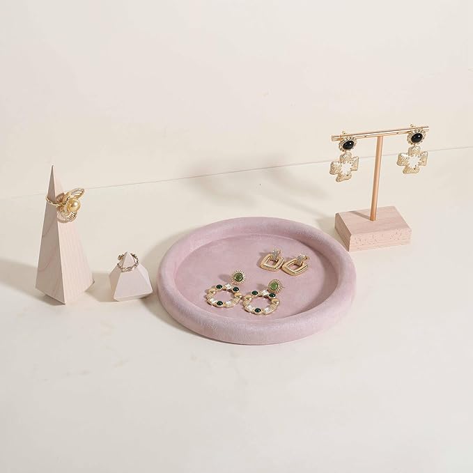 GemeShou Round Jewelry Organizer plate, Top Microfiber velvet Jewerly display tray, Empty Jewelry showcase tray for Necklace Bracelet Ring Earring display stand holder (Pink-Medium, 7.9 x 7.9 in)
