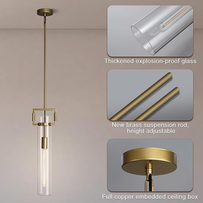 Modern Large Gold Pendant Light Fixture Set of 2-21.6 Inch Adjustable Hanging Chandelier with Glass Shade & Brass Finish, Farmhouse Island Lighting for Kitchen, Dining Room, Bathroom